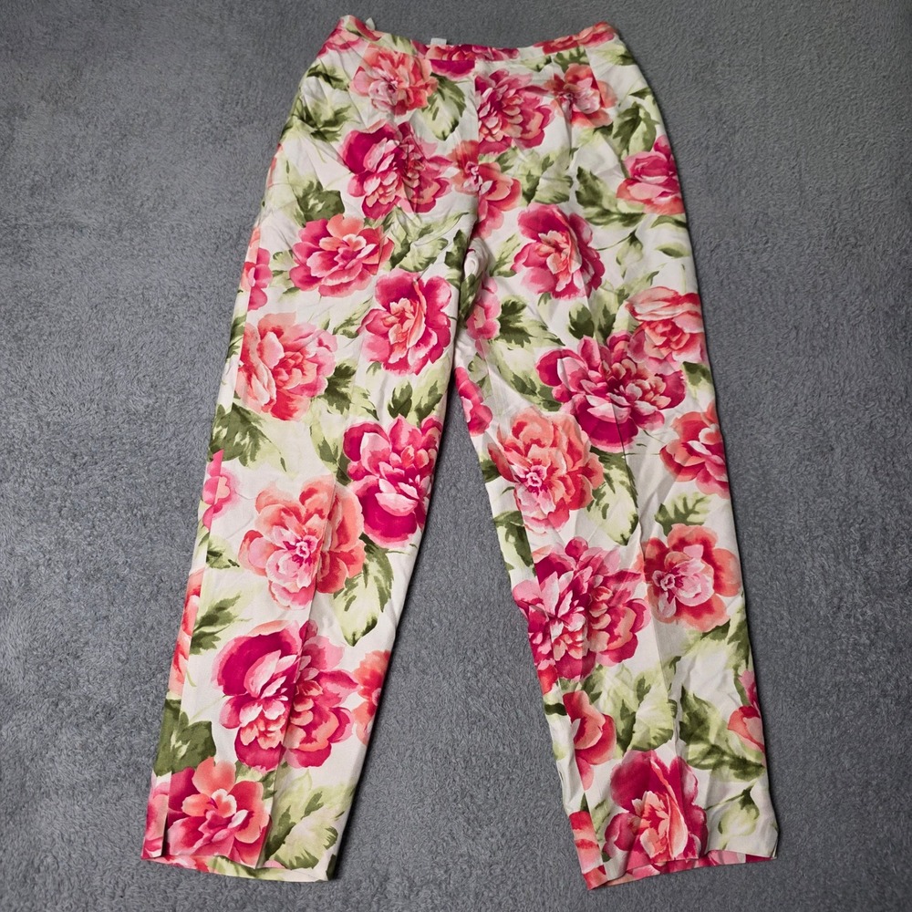 Talbots Womens 6P Floral Silk Trousers Pink Red High Rise Straight Leg Pants